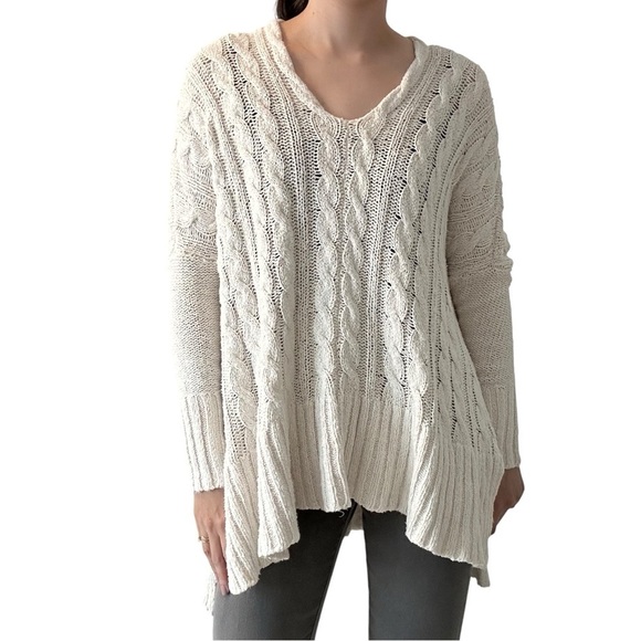 Free People Sweater Tunic V-Neck White Knit Cotton Boho Oversized Size Medium - Picture 9 of 9
